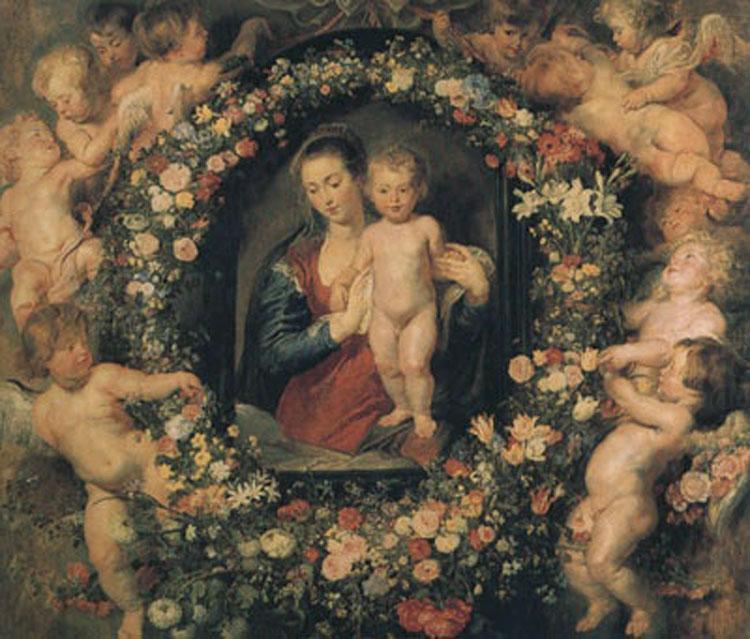 Madonna and Child with Garland of Flowers and Putti (mk01), Peter Paul Rubens
